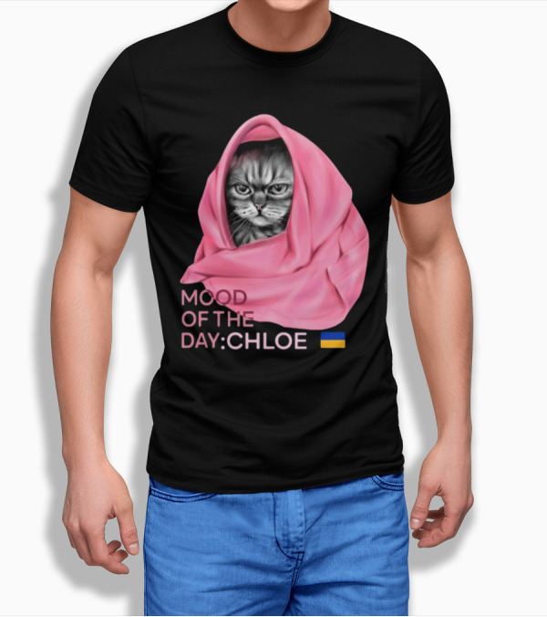 Mood Of The Day: Chloe Juliapod Pink Cat With Ukrainian Flag Background T-Shirt