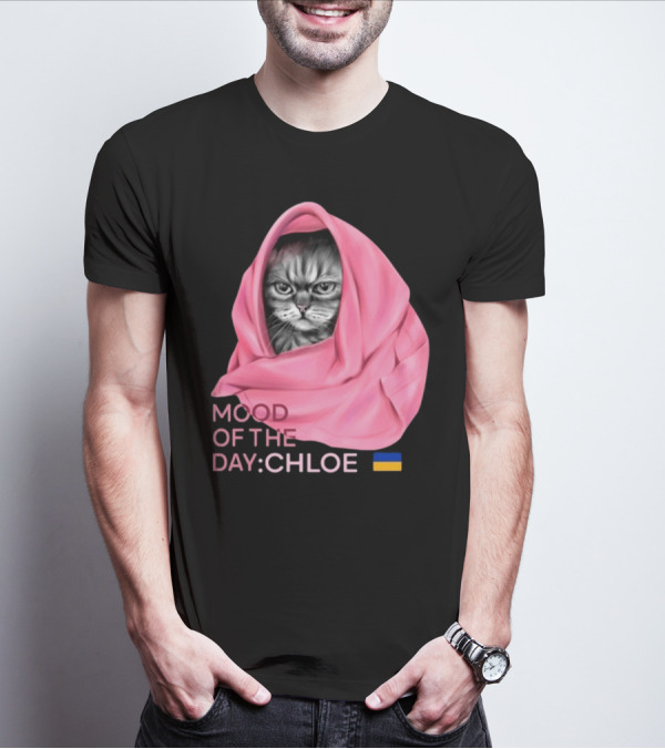 Mood Of The Day: Chloe Juliapod Pink Cat With Ukrainian Flag Background T-Shirt