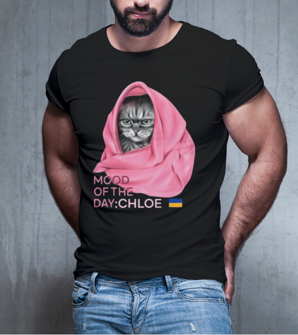 Mood Of The Day: Chloe Juliapod Pink Cat With Ukrainian Flag Background T-Shirt