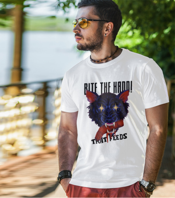 Galactixy Bite The Hand That Feeds Wolf With Glowing Eyes Holding Severed Hand T-Shirt