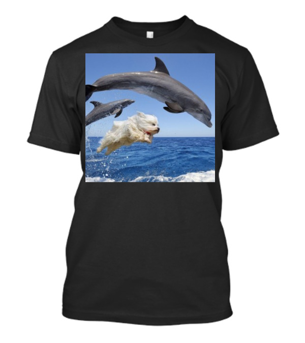 Dog Swimming With Jumping Dolphins Ocean Scene T-Shirt