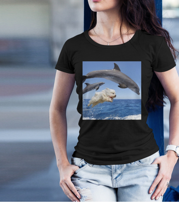 Dog Swimming With Jumping Dolphins Ocean Scene T-Shirt