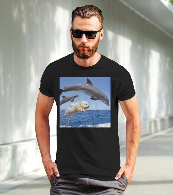 Dog Swimming With Jumping Dolphins Ocean Scene T-Shirt