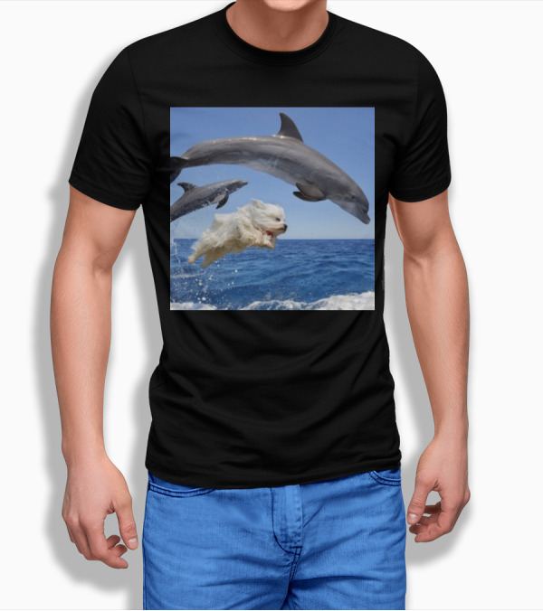 Dog Swimming With Jumping Dolphins Ocean Scene T-Shirt