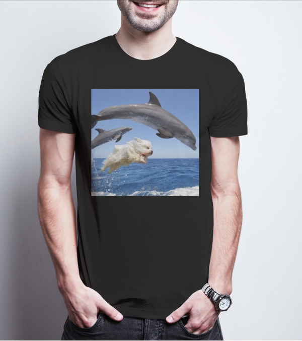 Dog Swimming With Jumping Dolphins Ocean Scene T-Shirt
