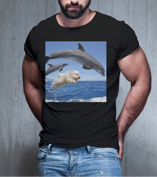 Dog Swimming With Jumping Dolphins Ocean Scene T-Shirt