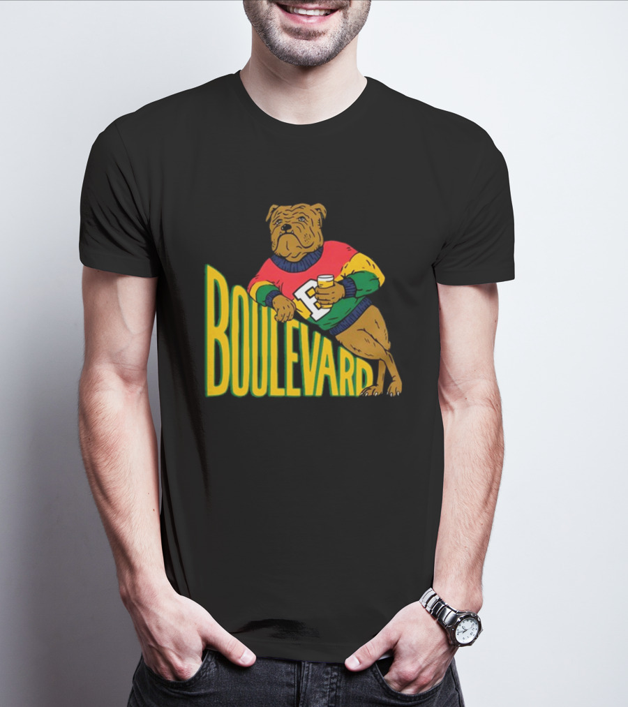 Boulevard Bully Dog In Colorful Sweater Holding Drink T-Shirt