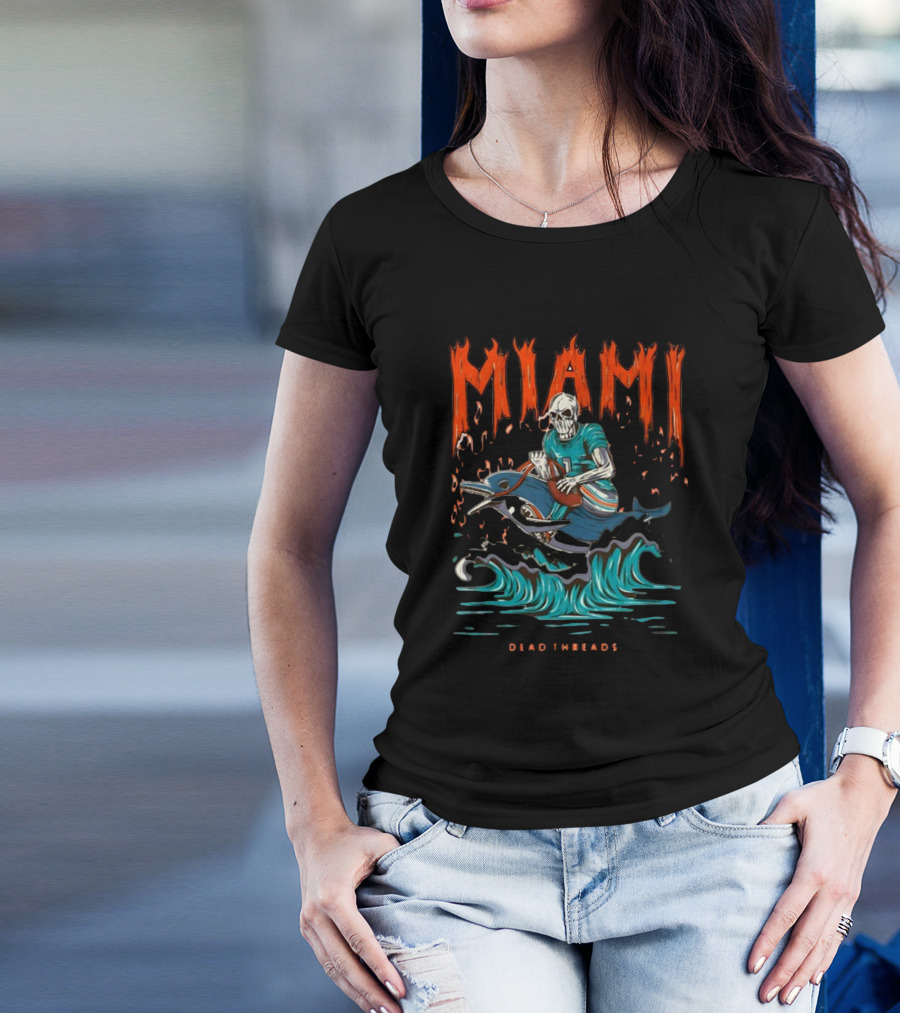 MIAMI Dead Threads Skeleton Surfer On Dolphin Football Adventure T-Shirt