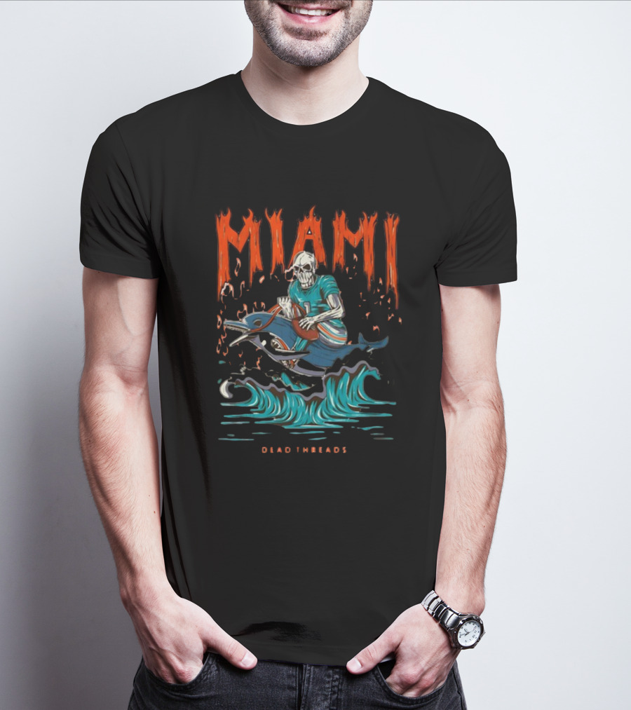 MIAMI Dead Threads Skeleton Surfer On Dolphin Football Adventure T-Shirt