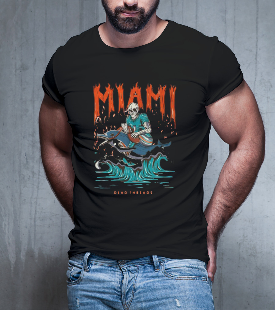 MIAMI Dead Threads Skeleton Surfer On Dolphin Football Adventure T-Shirt