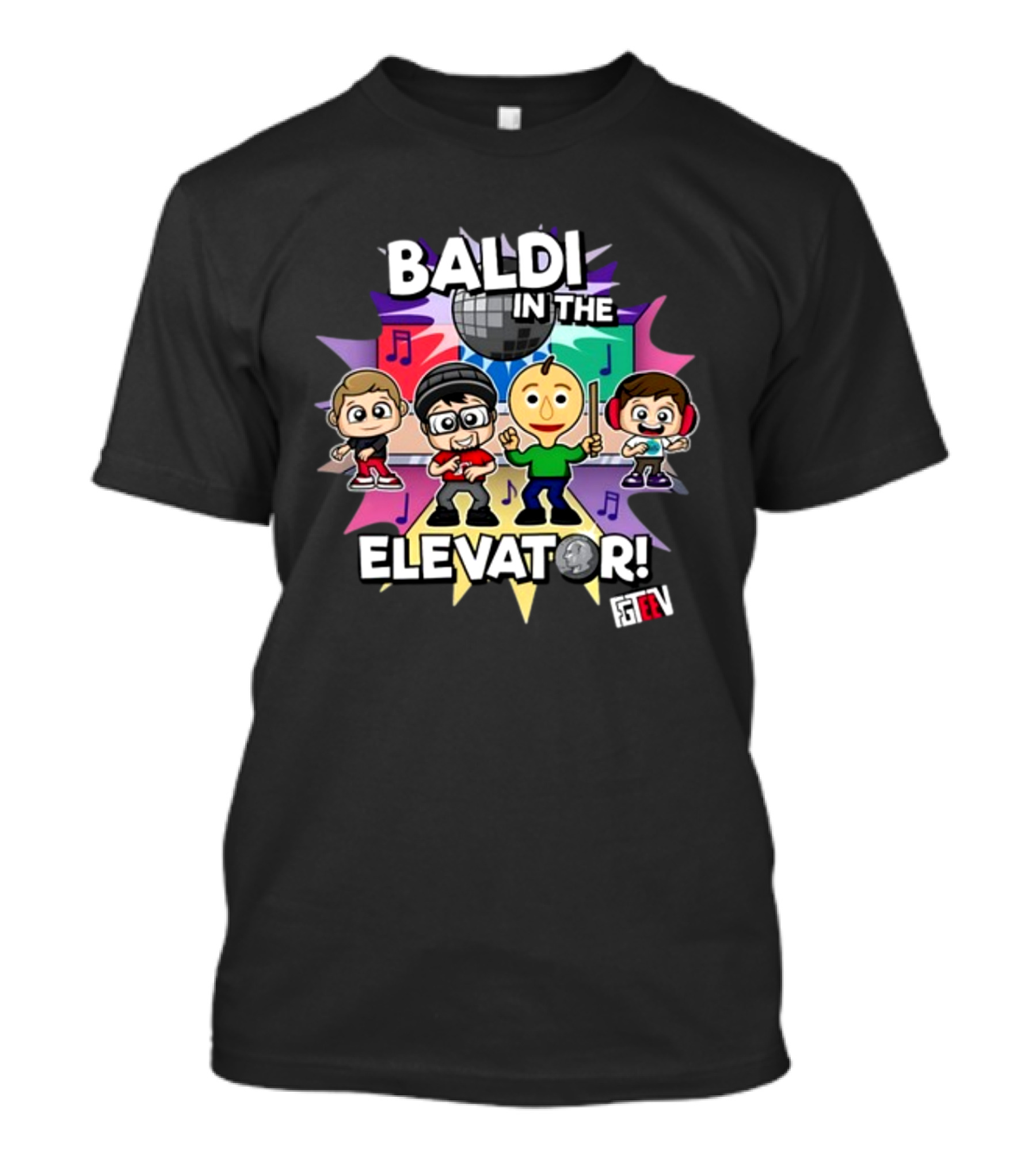 Baldi In The Elevator FGTEEV Characters With Disco Ball And Music Notes T-Shirt