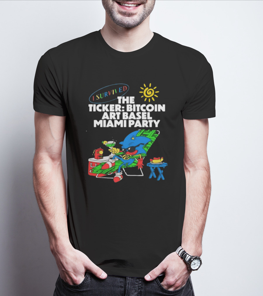 I Survived The Ticker Bitcoin Art Basel Miami Party Lounge Character Sun Cocktail T-Shirt