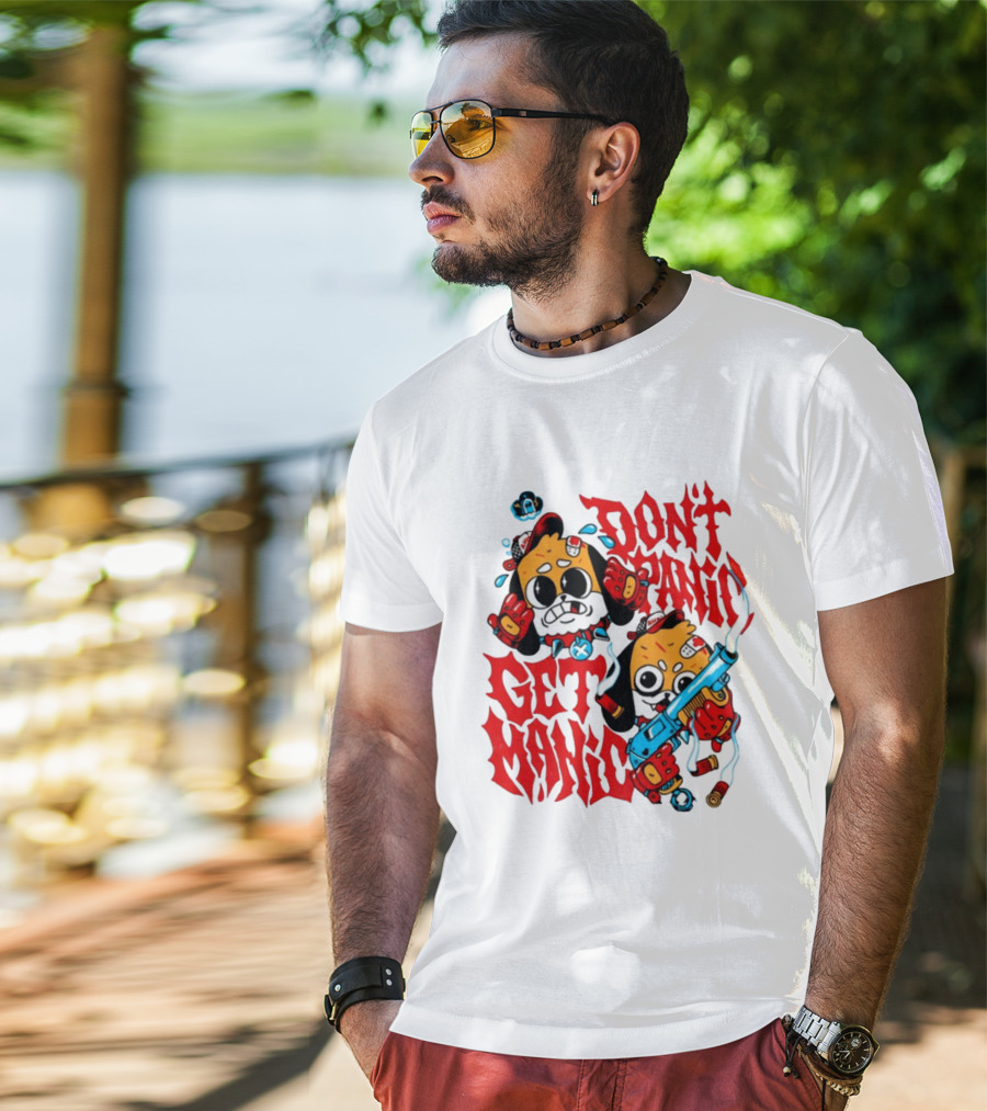 Don't Panic Get Manic Cartoon Characters With Colorful Styling And Playful T-Shirt
