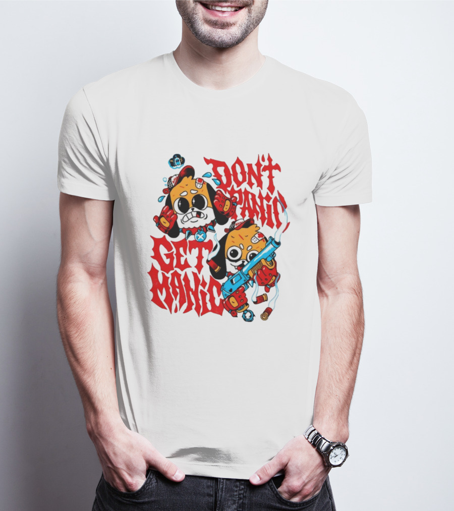 Don't Panic Get Manic Cartoon Characters With Colorful Styling And Playful T-Shirt