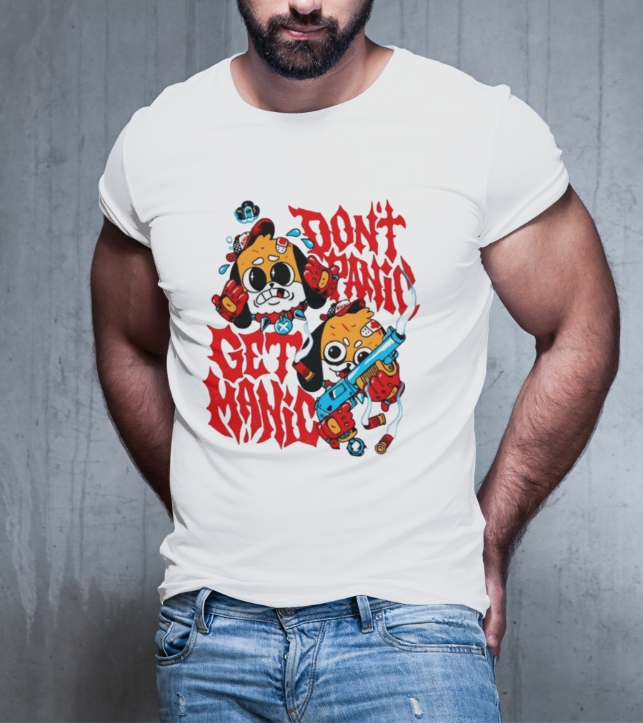 Don't Panic Get Manic Cartoon Characters With Colorful Styling And Playful T-Shirt