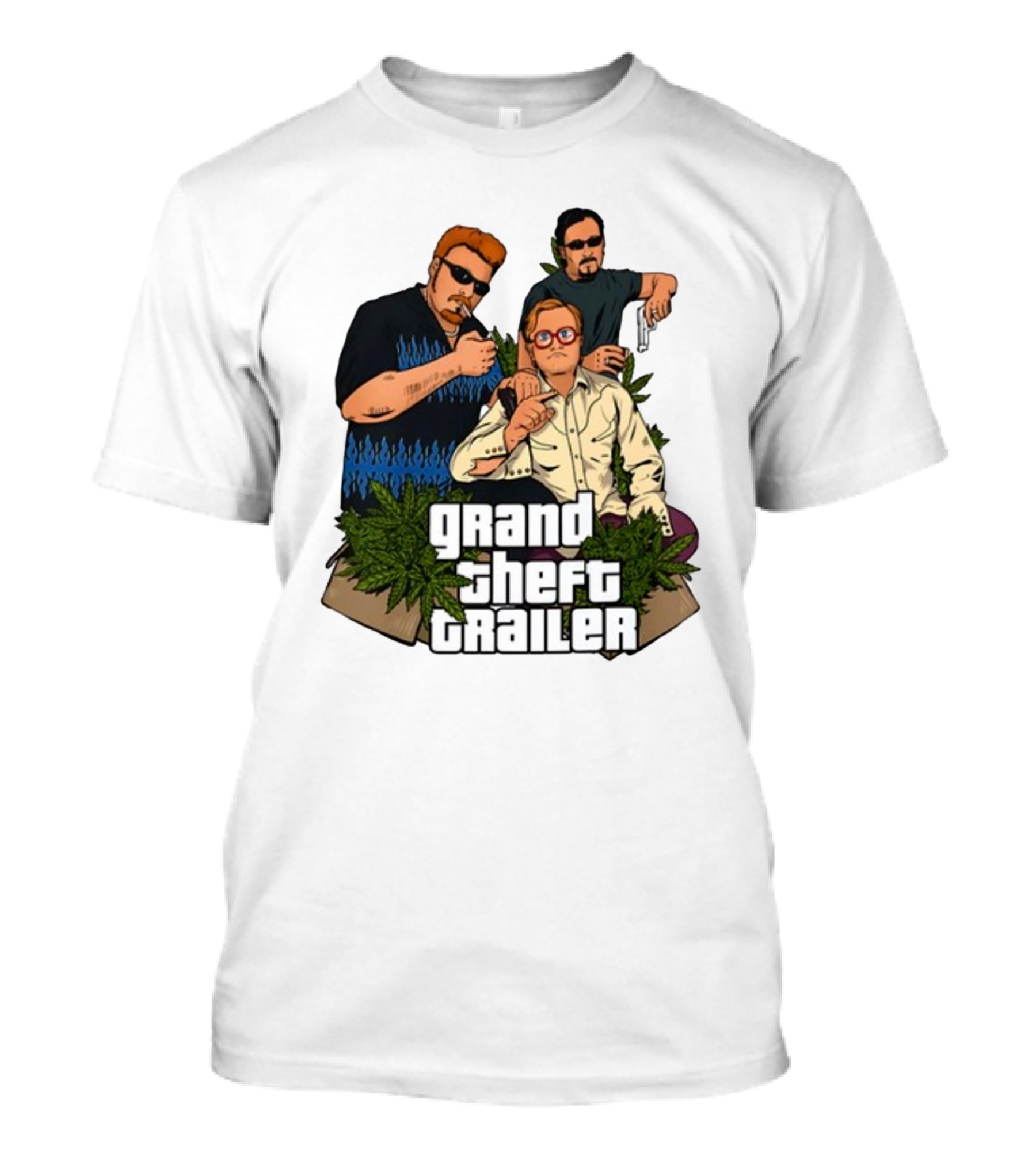 Grand Theft Trailer Cannabis Comedy Trio With Sunglasses And Pistol T-Shirt
