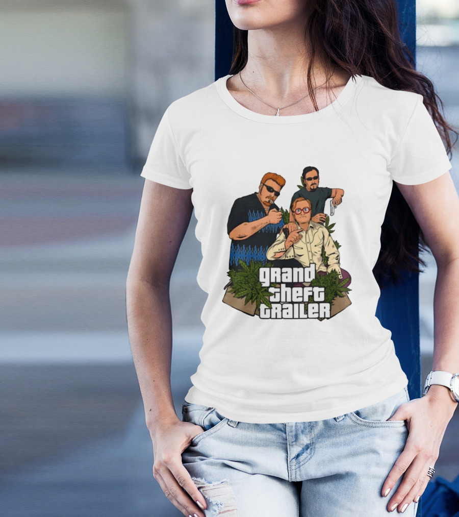 Grand Theft Trailer Cannabis Comedy Trio With Sunglasses And Pistol T-Shirt