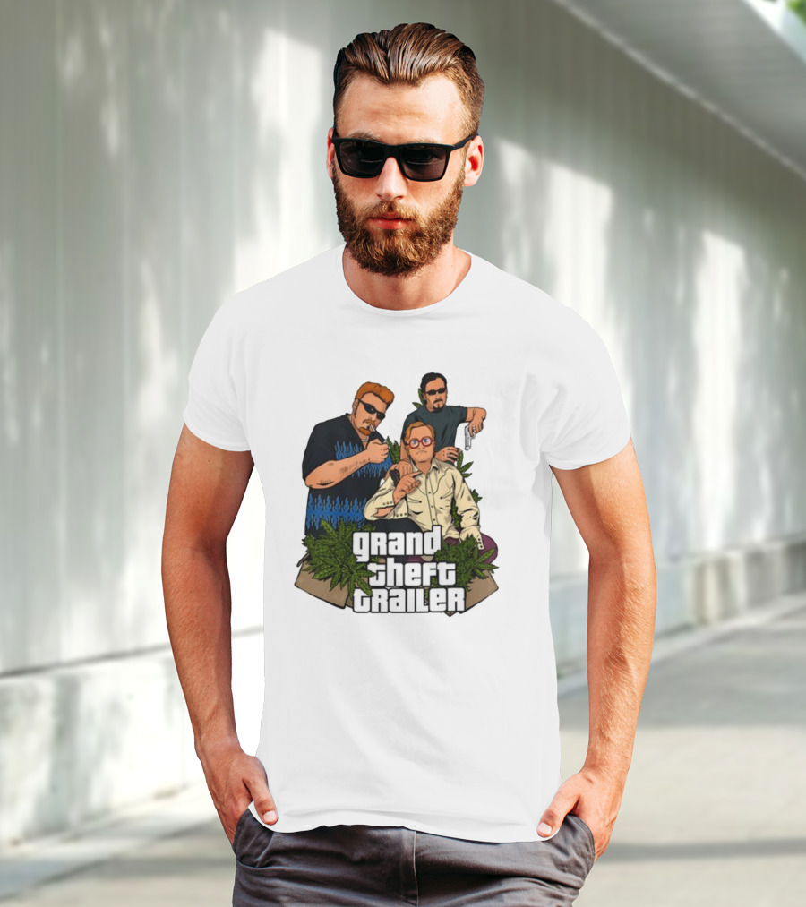Grand Theft Trailer Cannabis Comedy Trio With Sunglasses And Pistol T-Shirt