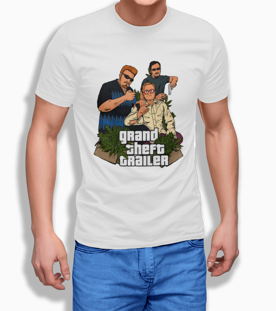 Grand Theft Trailer Cannabis Comedy Trio With Sunglasses And Pistol T-Shirt