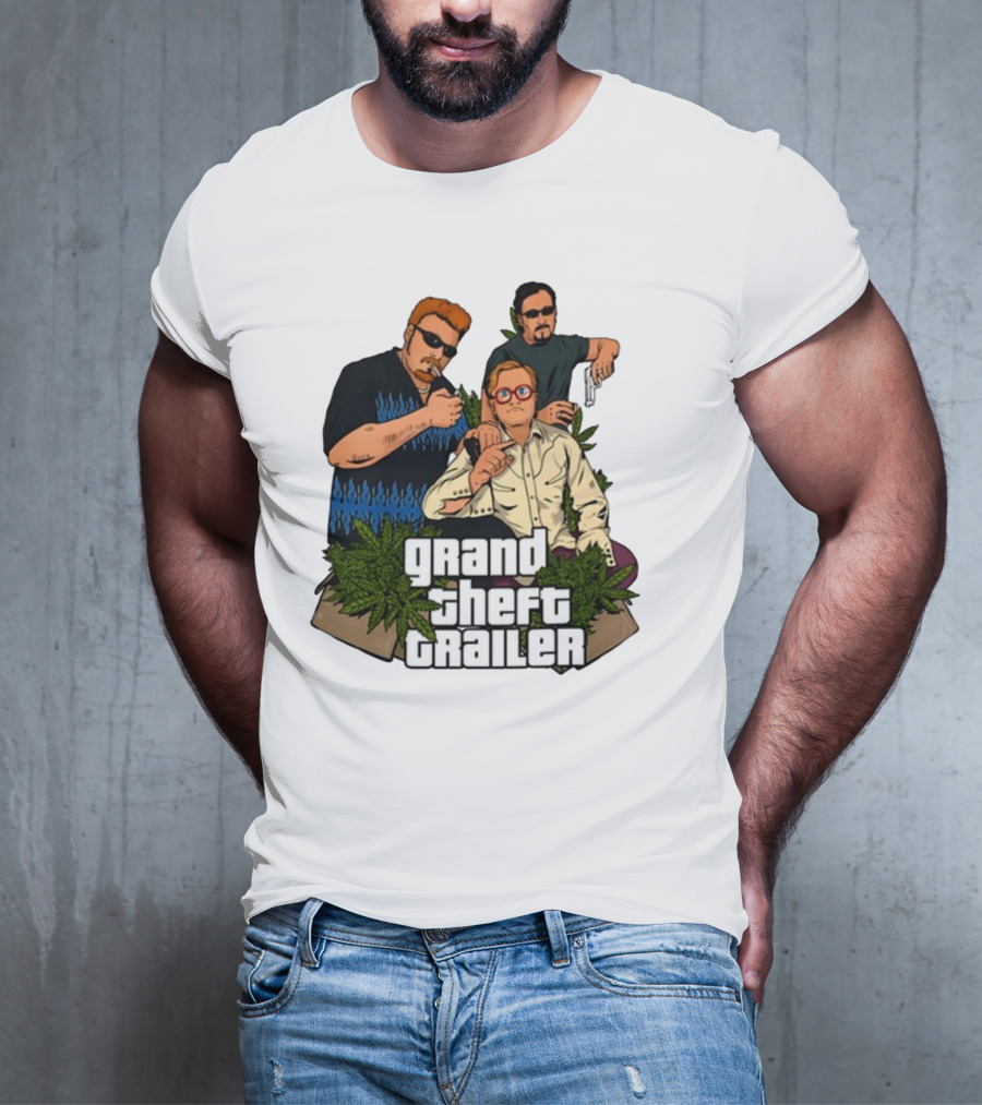 Grand Theft Trailer Cannabis Comedy Trio With Sunglasses And Pistol T-Shirt