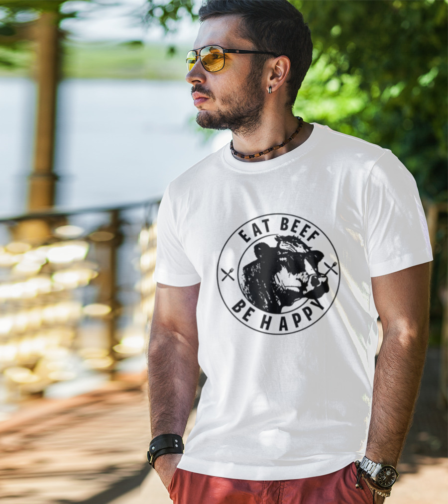 Dr Shawn Baker Eat Beef Be Happy Cow Illustration With Crossed Utensils T-Shirt