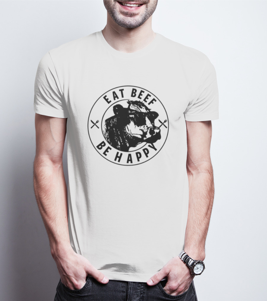 Dr Shawn Baker Eat Beef Be Happy Cow Illustration With Crossed Utensils T-Shirt