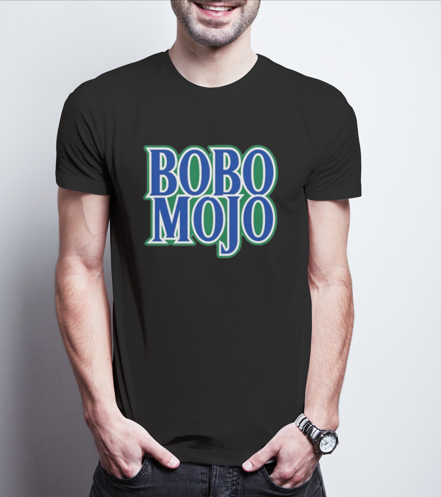 BOBO MOJO Retro Bold Blue And Green Text T-Shirt