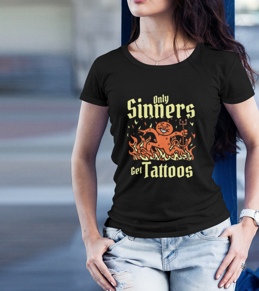 Gotfunny Only Sinners Get Tattoos Gingerbread Devil In Flames T-Shirt