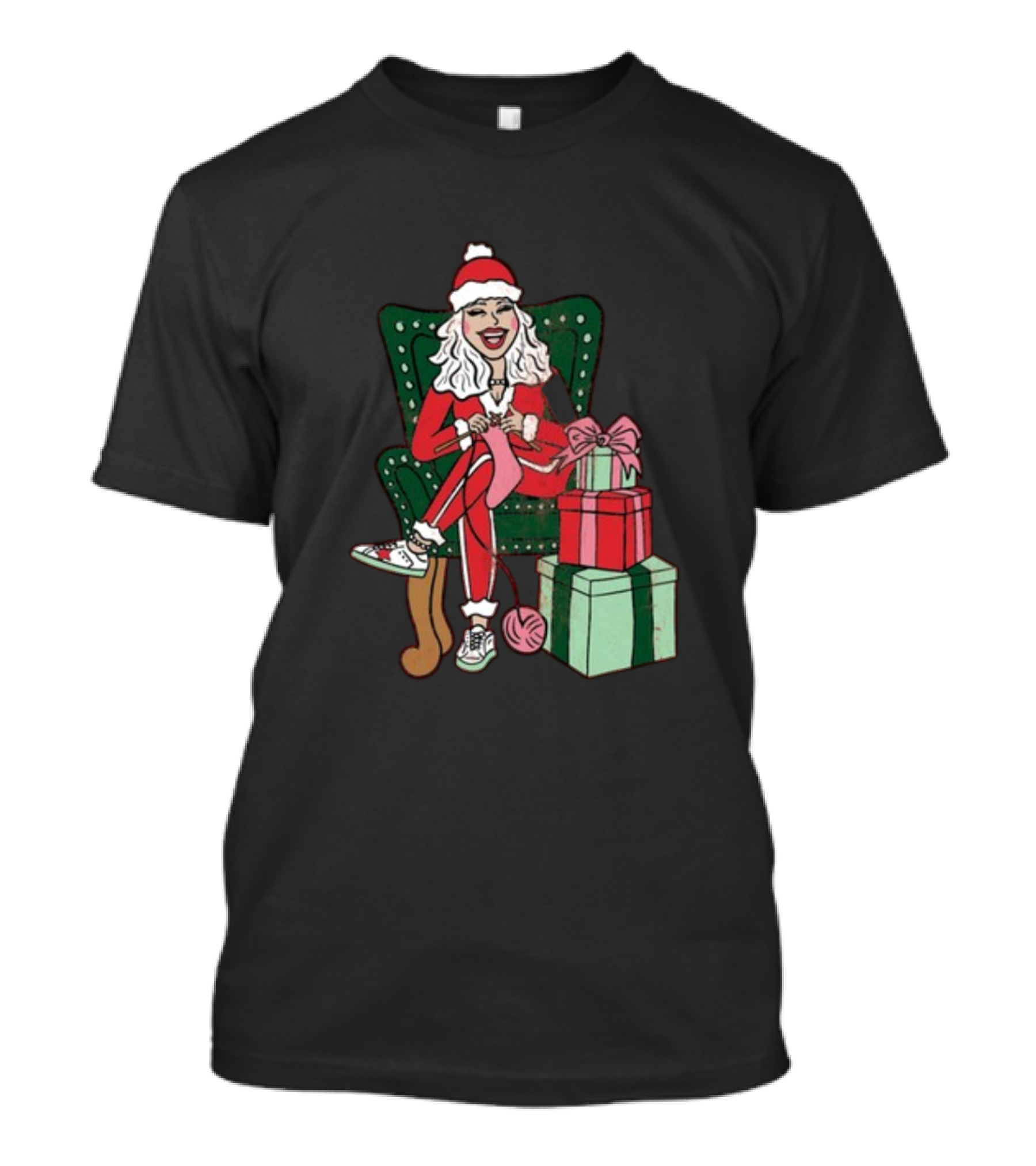 Fleece Navidad Merry Christmas Santa Woman Knitting Presents T-Shirt