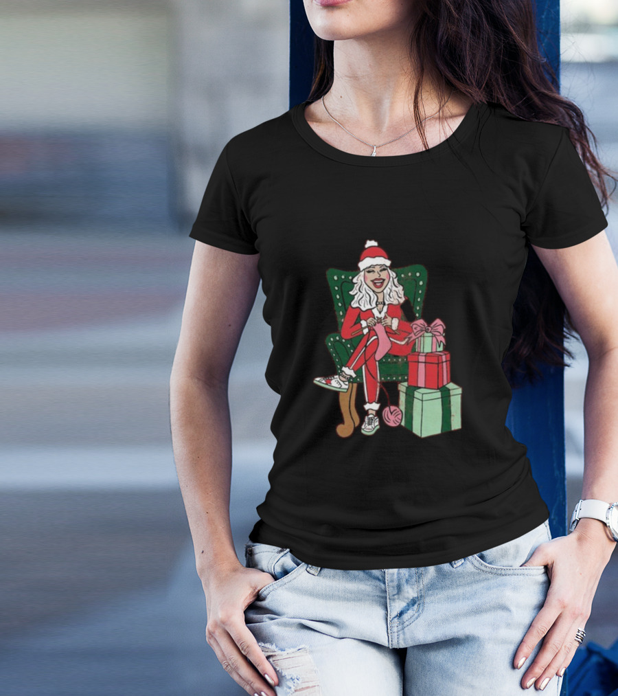 Fleece Navidad Merry Christmas Santa Woman Knitting Presents T-Shirt