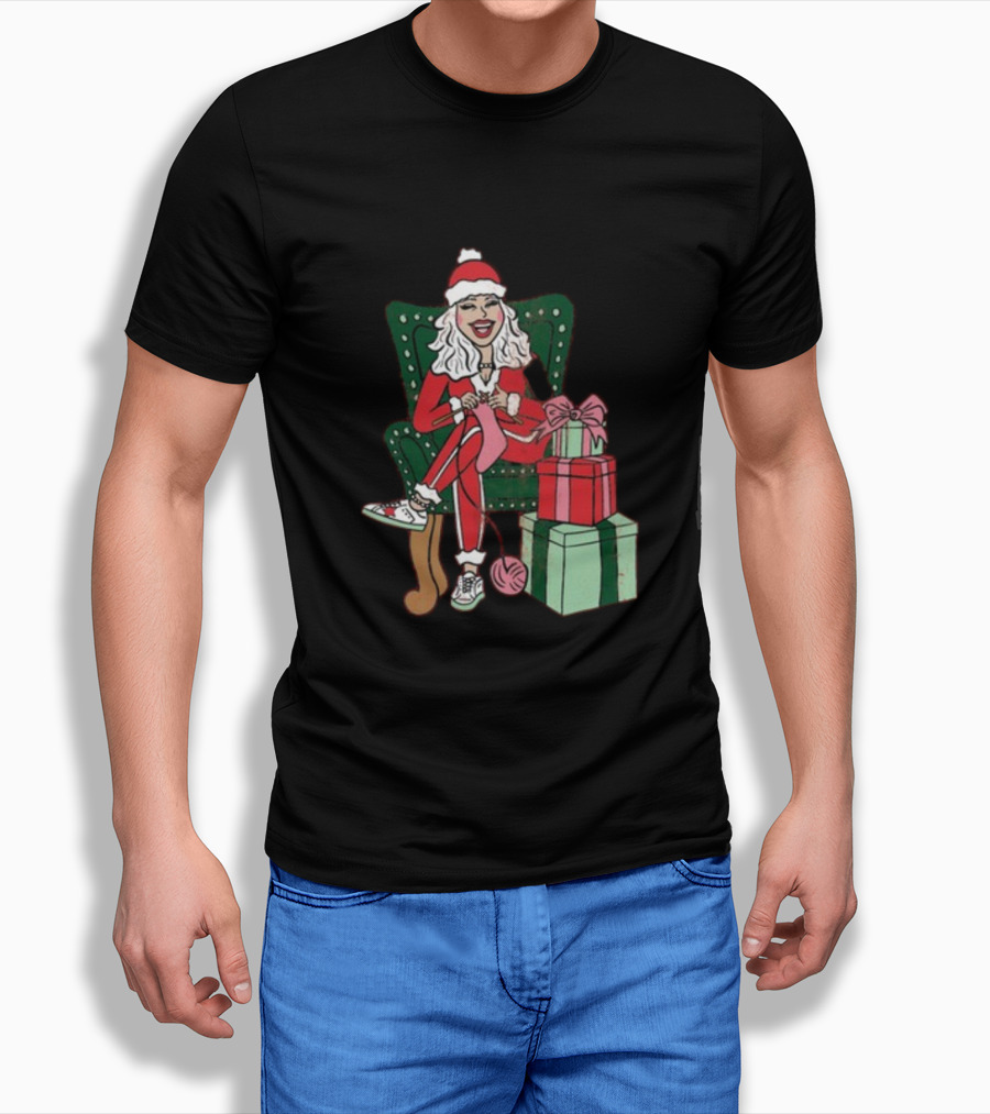Fleece Navidad Merry Christmas Santa Woman Knitting Presents T-Shirt