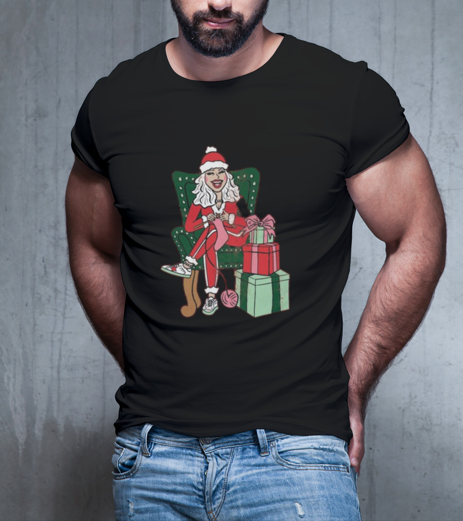 Fleece Navidad Merry Christmas Santa Woman Knitting Presents T-Shirt