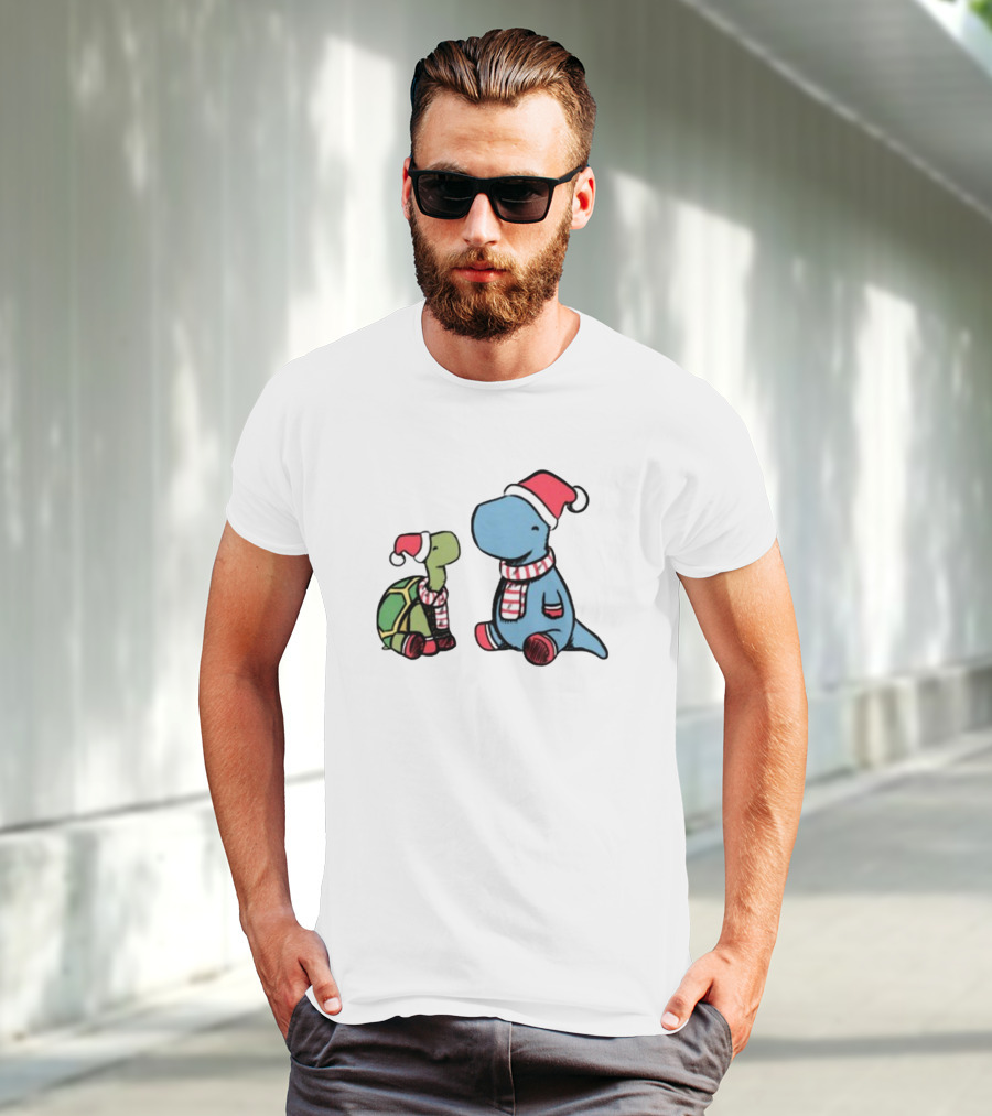 Christmas Tortoise And Dino Santa Hats And Scarves T-Shirt