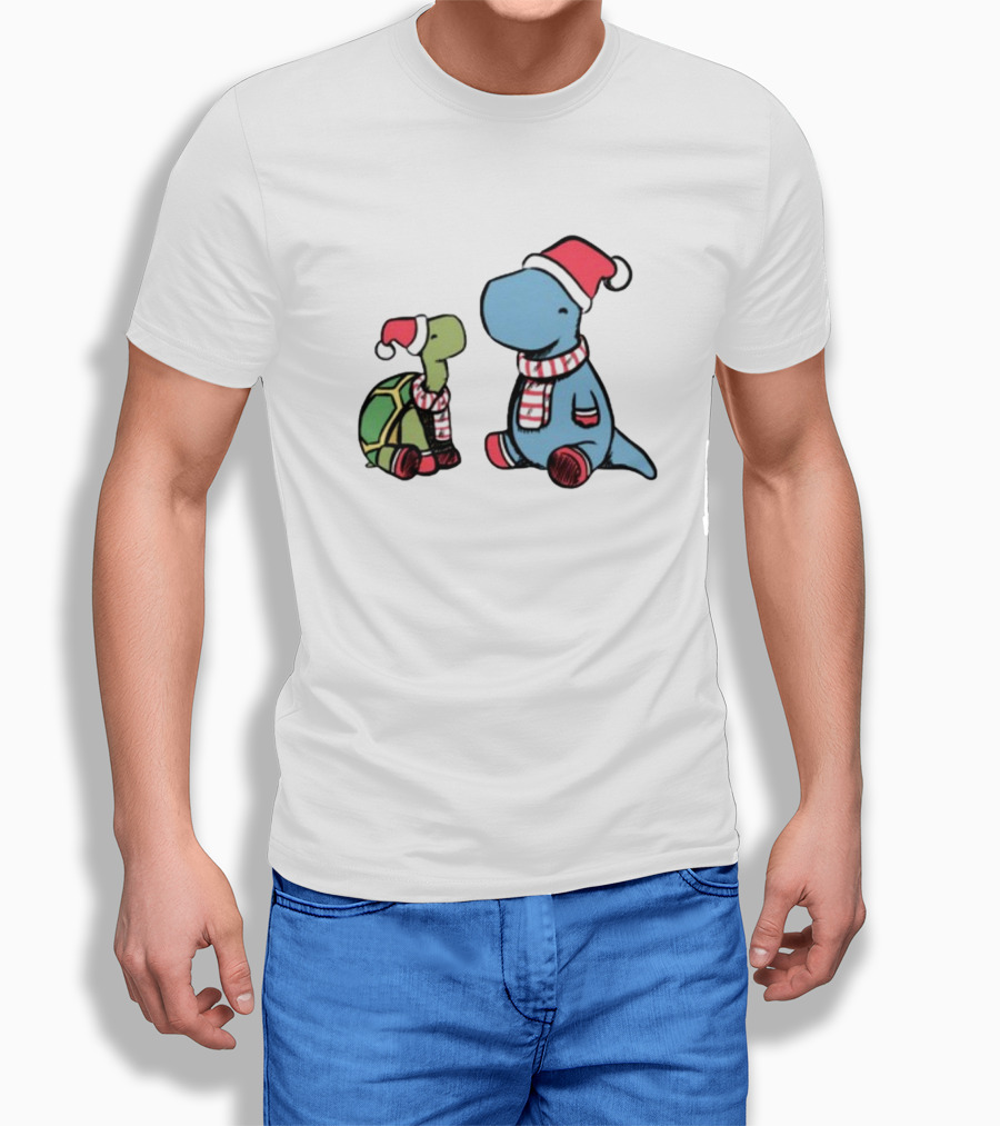 Christmas Tortoise And Dino Santa Hats And Scarves T-Shirt
