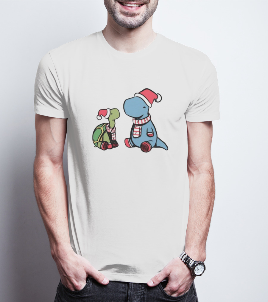 Christmas Tortoise And Dino Santa Hats And Scarves T-Shirt