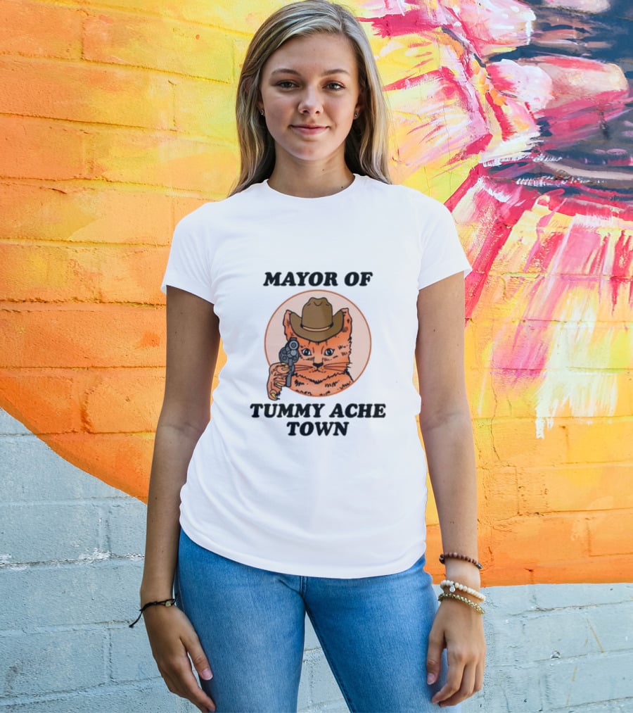 Mayor Of Tummy Ache Town Cat With Cowboy Hat And Gun T-Shirt