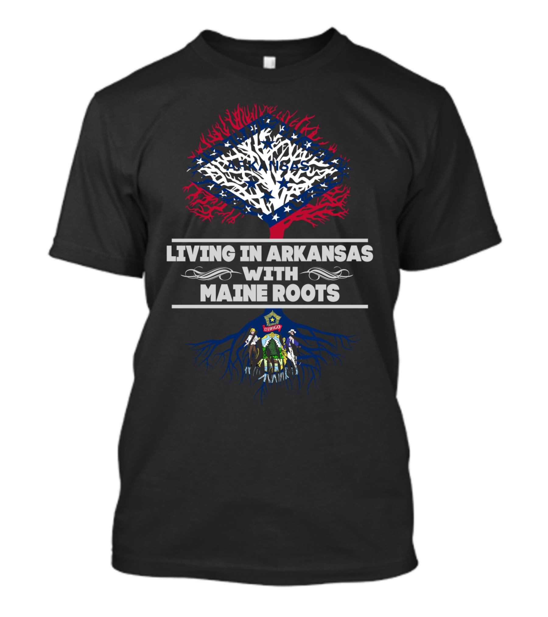Living In Arkansas With Maine Roots Tree Design Featuring State Flags T-Shirt