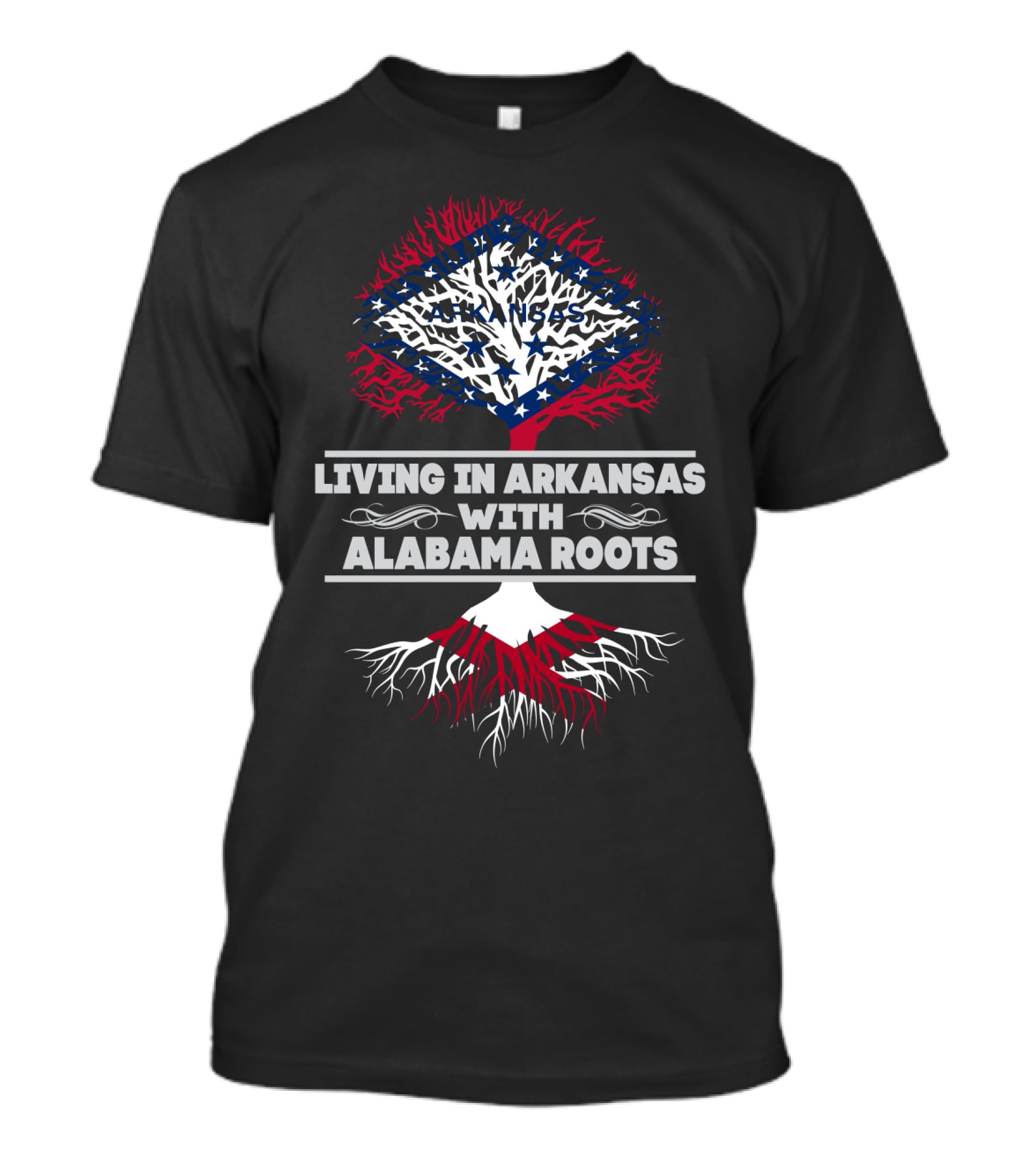 Living In Arkansas With Alabama Roots Tree Design Featuring State Flag Colors And Roots Symbolism T-Shirt