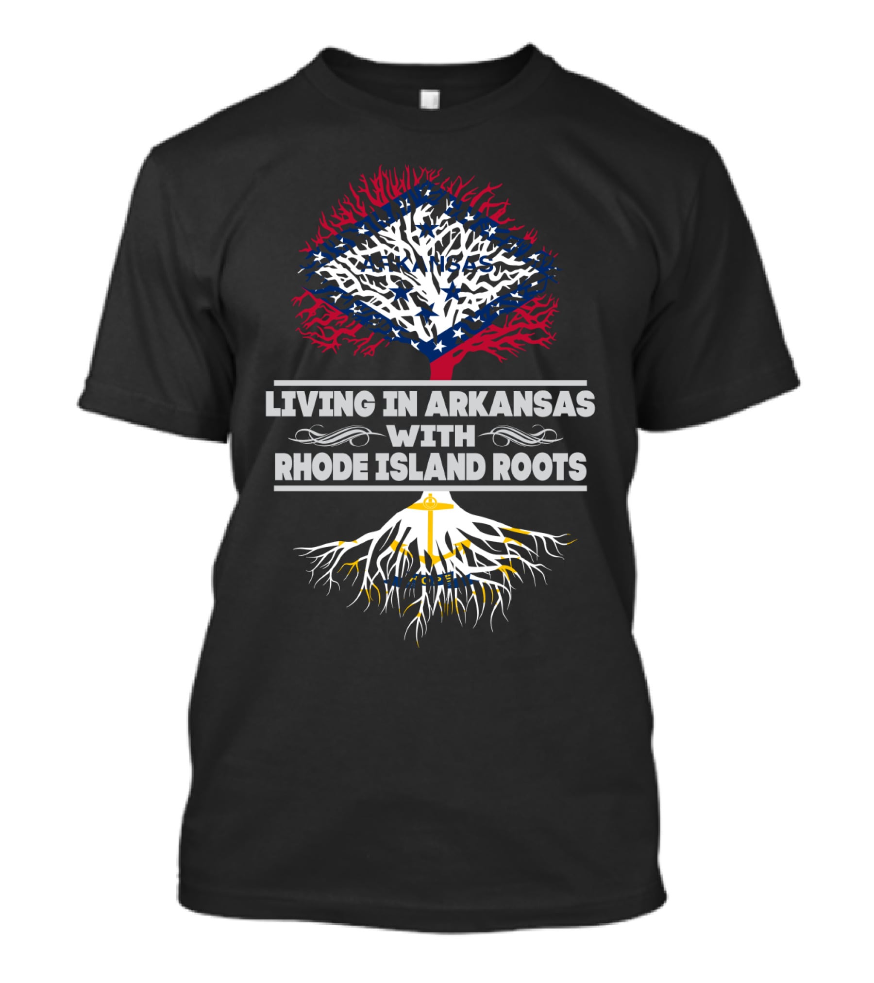 Living In Arkansas Pride With Rhode Island Heritage Tree T-Shirt