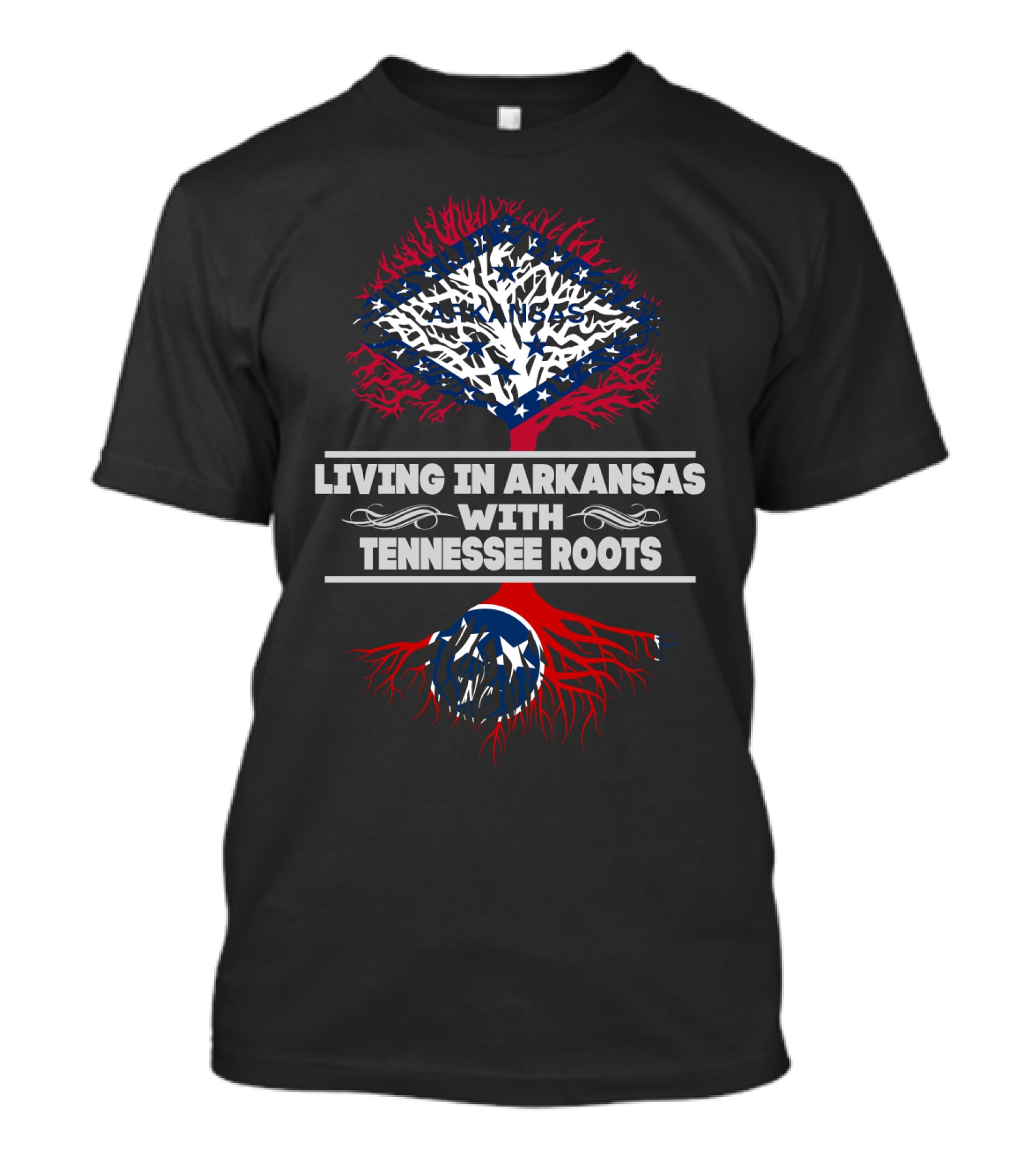 Living In Arkansas With Tennessee Roots Tree Design Featuring State Flags And Symbolic Elements T-Shirt