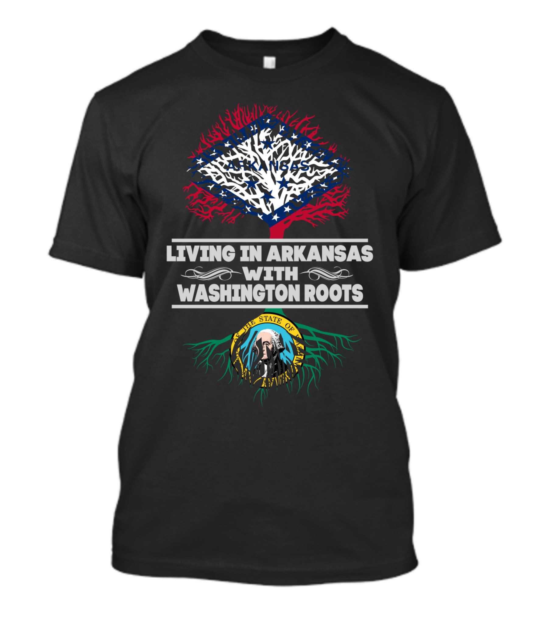 Living In Arkansas With Washington Roots Arkansas Flag And Washington State Seal Tree Roots T-Shirt
