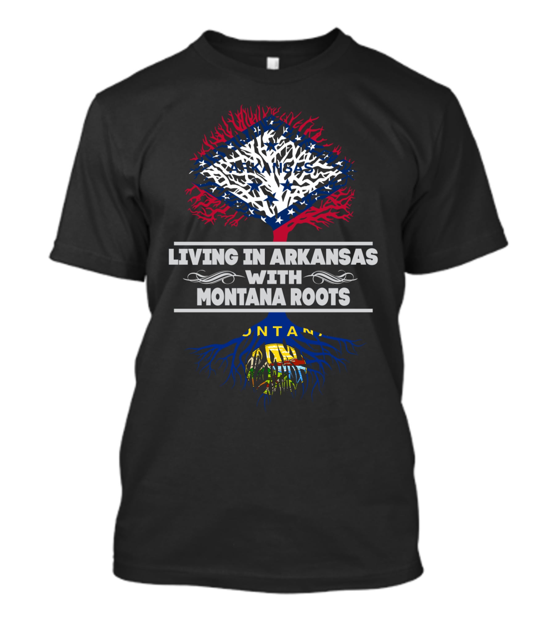 Living In Arkansas With Montana Roots State Flag Tree T-Shirt