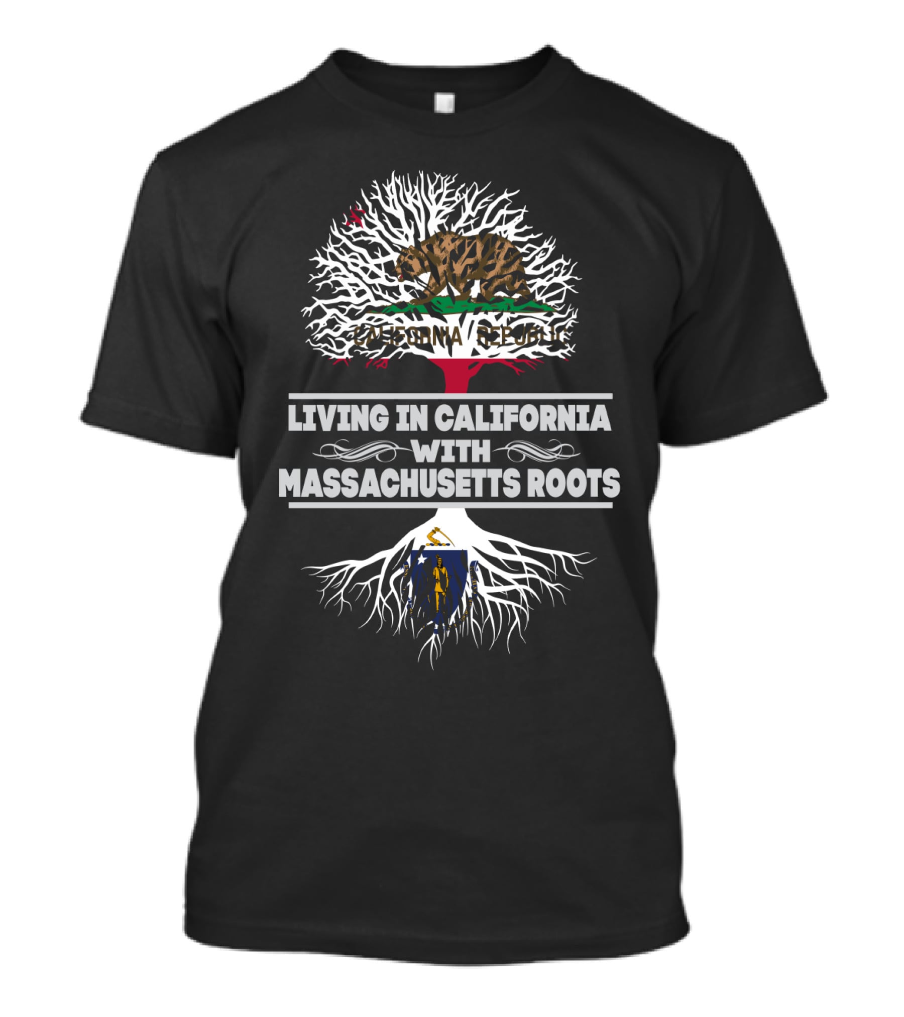 California Republic Bear And Tree Design With Massachusetts Roots T-Shirt