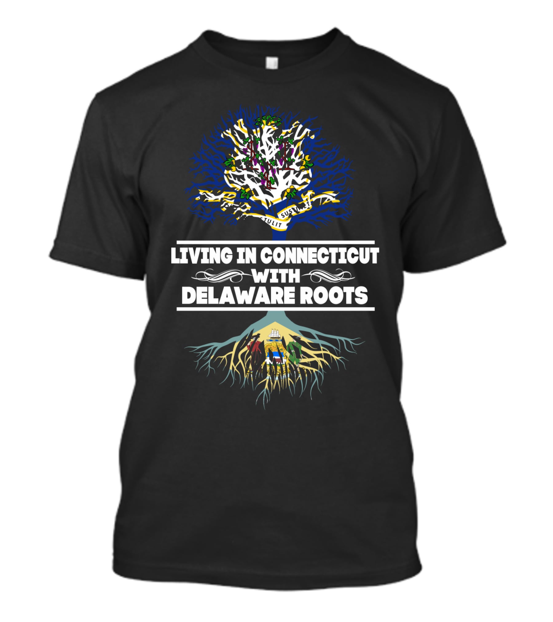 Living In Connecticut With Delaware Roots State Tree And Flag Elements T-Shirt