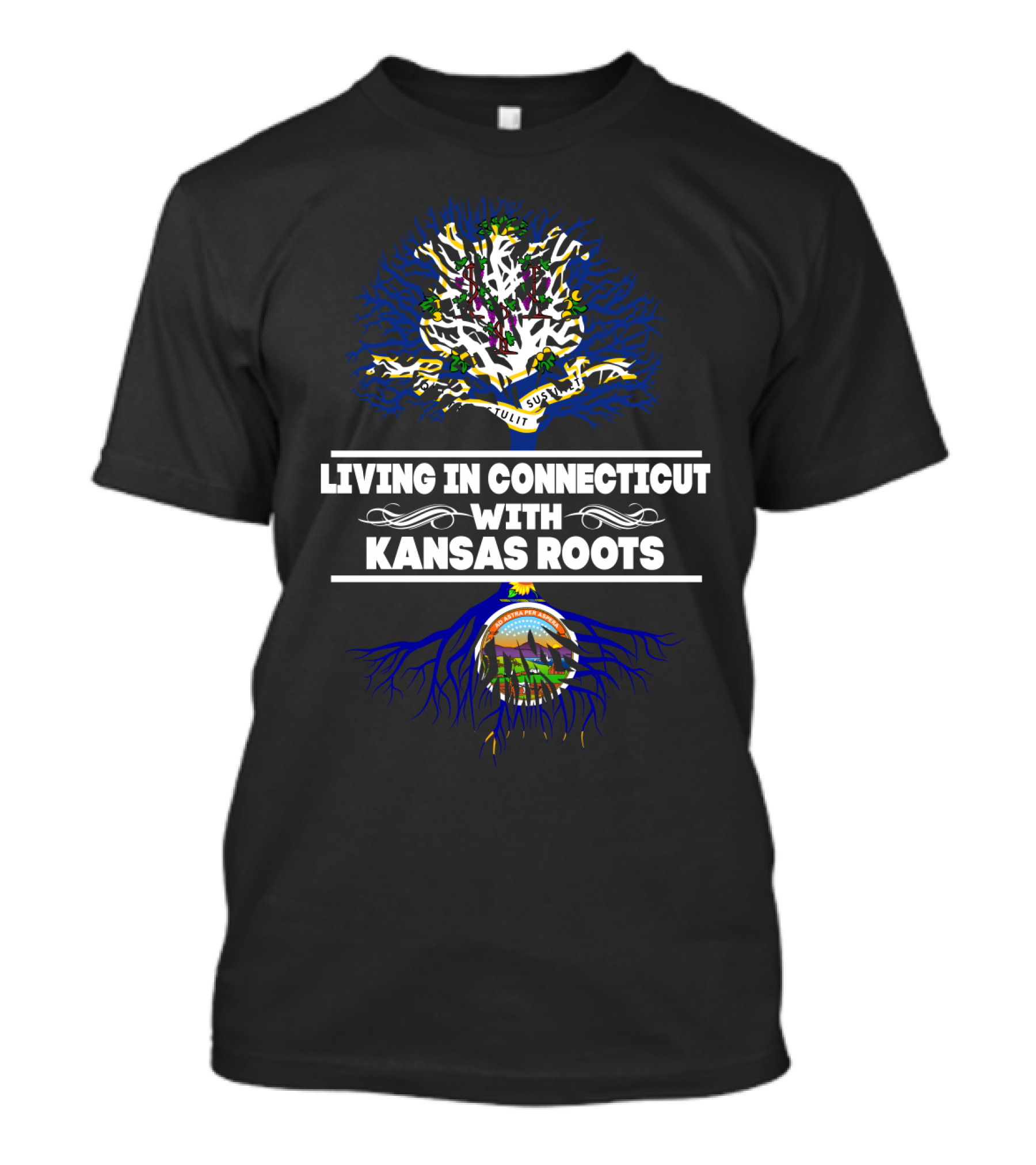 Connecticut Living Kansas Roots Tree Design With State Flags And Symbols T-Shirt