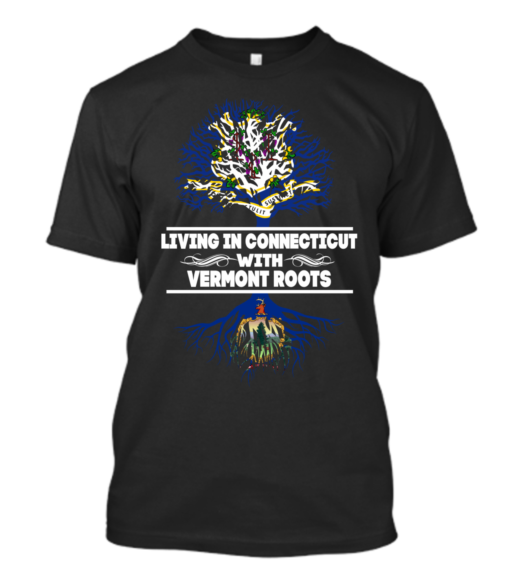 Living In Connecticut With Vermont Roots Tree Design Featuring State Symbols And Heritage Elements T-Shirt