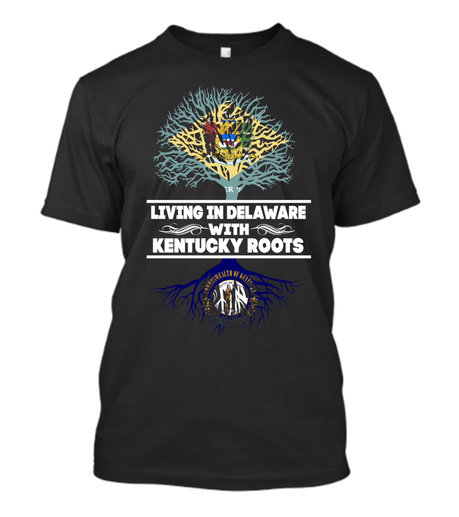 Living In Delaware With Kentucky Roots Tree Design Featuring State Crests T-Shirt