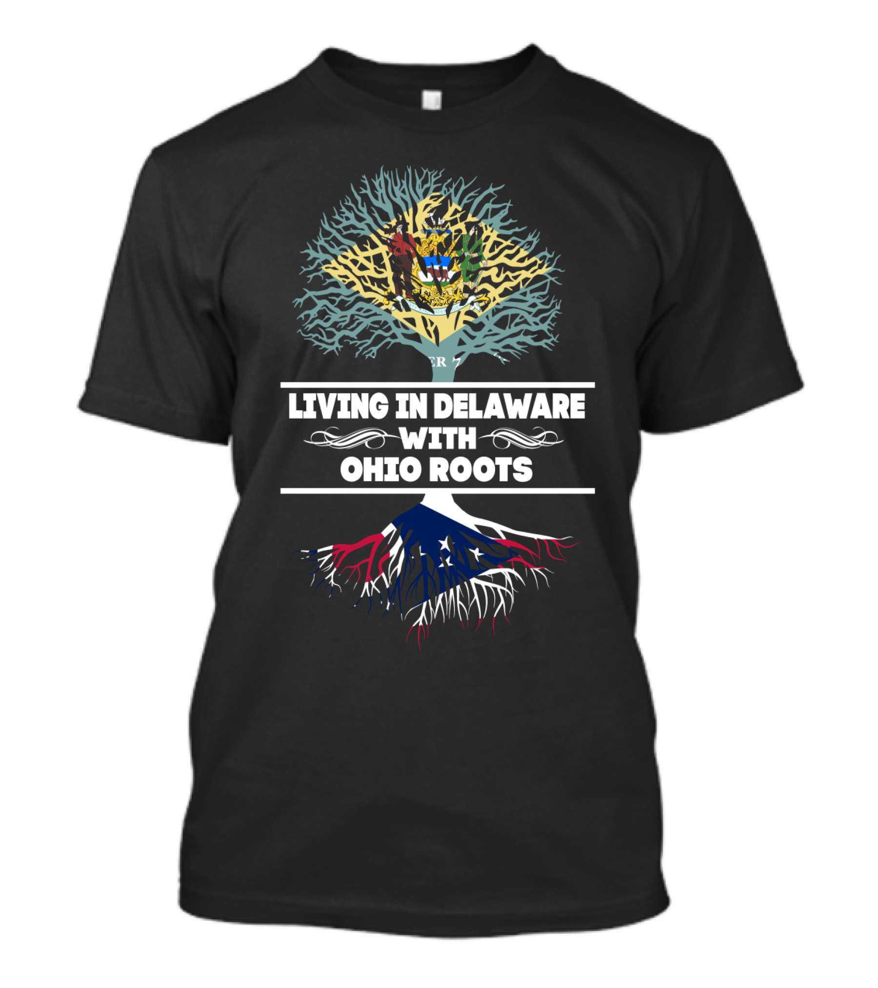 Living In Delaware With Ohio Roots Tree Design Featuring Blue And Red State Outlines T-Shirt