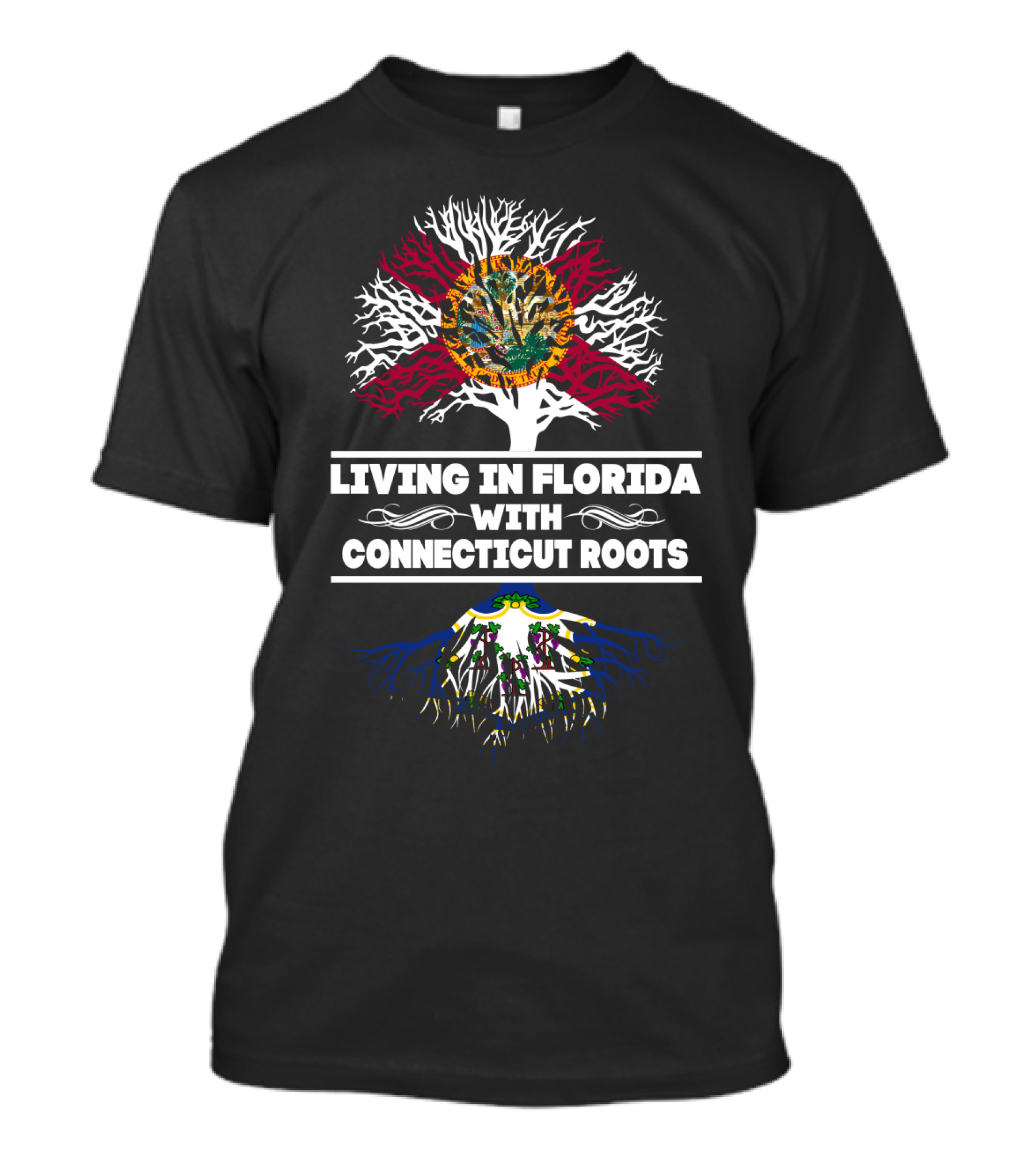 Living In Florida With CONNECTICUT Roots Featuring Florida Seal And Connecticut Flag Symbolism T-Shirt