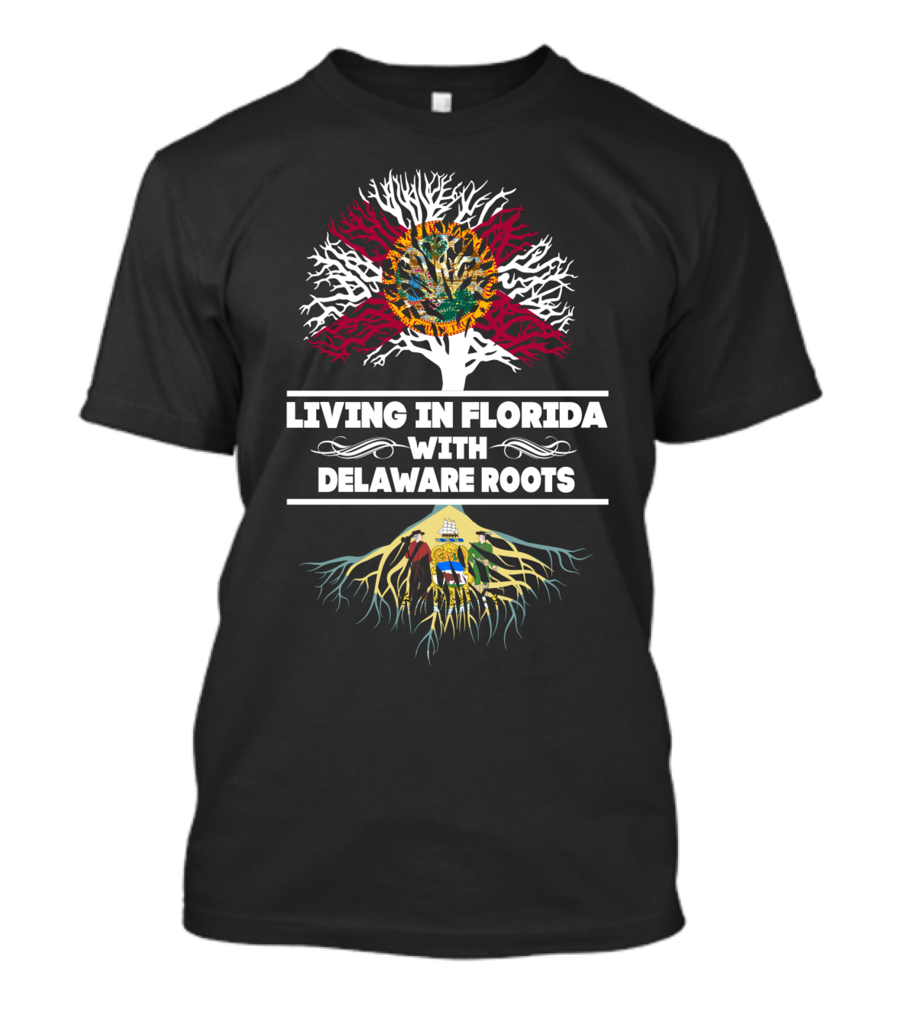 Living In Florida With Delaware Roots Tree Design Featuring Florida Seal And Delaware Flag T-Shirt